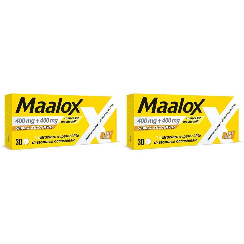 Maalox 400+400 MG, contro acidità di stomaco occasionale, 30 cpr senza zucchero Set da 2