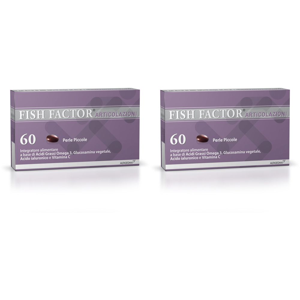 Due confezioni FISH FACTOR ARTICOLAZIONI. Ogni confezione contiene 60 Perle Piccole. Contiene Omega 3, Glucosamina vegetale, Acido Ialuronico e Vitamina C.