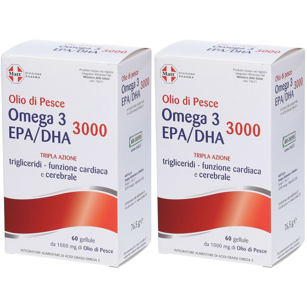 MATT Olio Di Pesce Omega 3 EPA/DHA 3000 Tripla Azione Set da 2