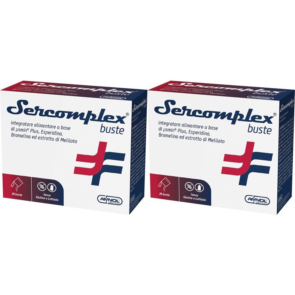 Due scatole con scritto "Sercomplex buste". Grafica rossa e blu. Testo: Integratore alimentare a base di usmin Plus, Esperidine, Bromelina ed estratto di Meliloto.