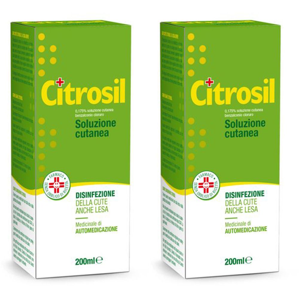Due scatole verdi con logo giallo "Citrosil". Testo: "Soluzione cutanea", "Disinfezione della cute anche lesa", "200ml".