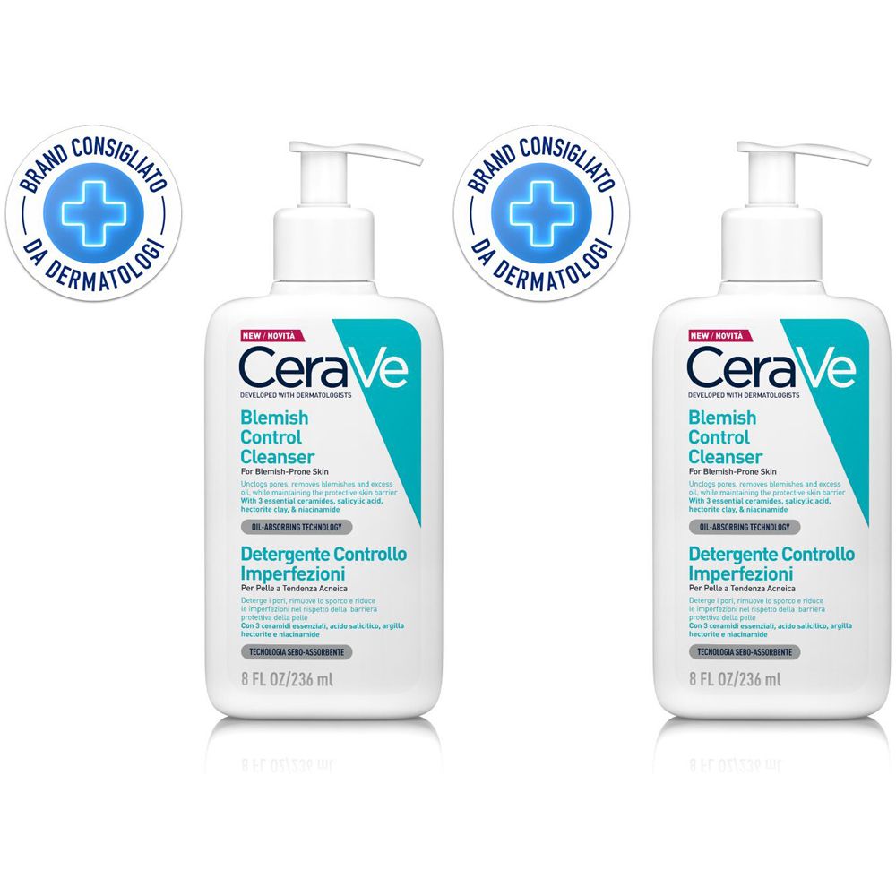 Due flaconi bianchi con dosatore. Scritta CeraVe, Blemish Control Cleanser. Testato dermatologicamente.
