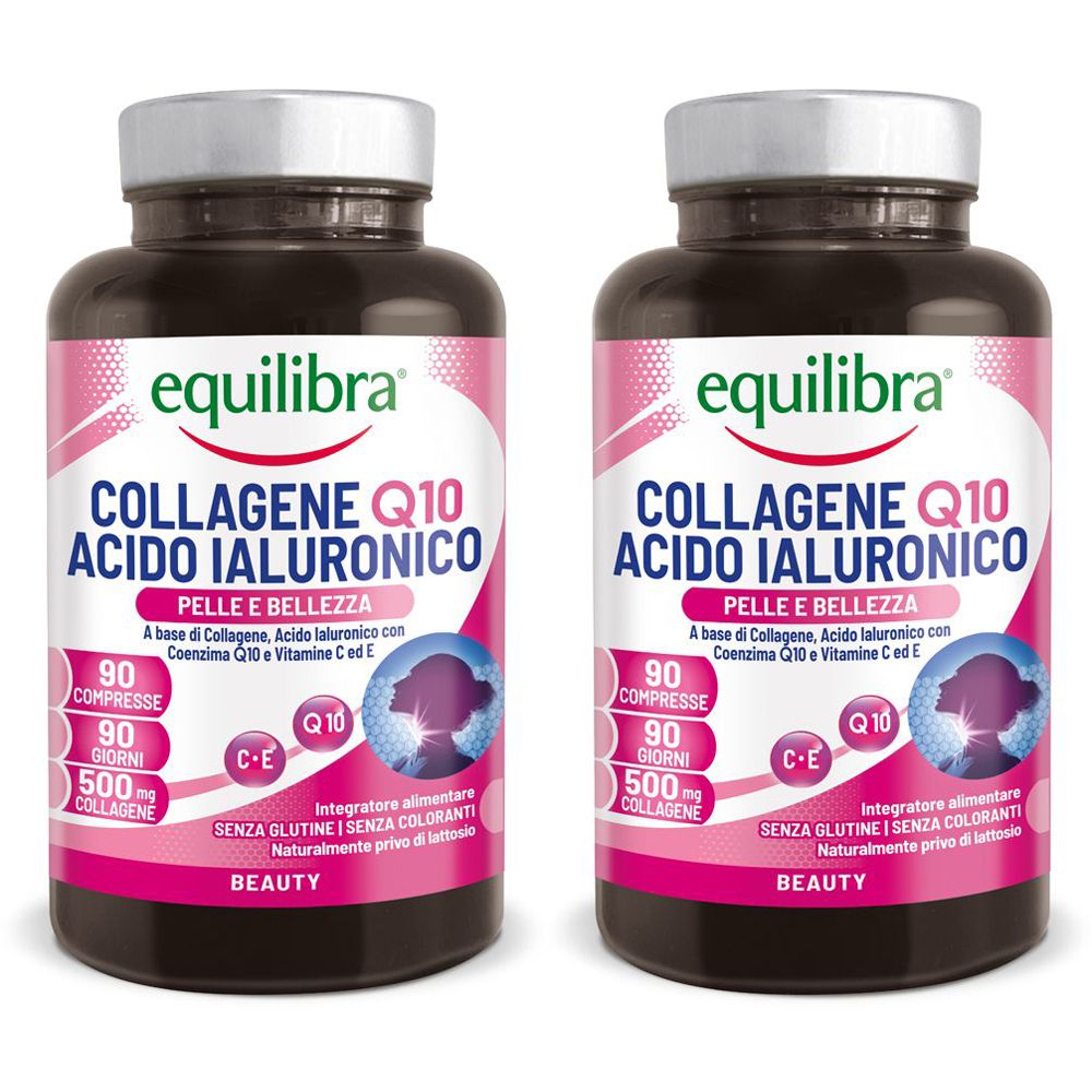 Due flaconi con etichette. Scritta: Equilibra Collagene Q10 Acido Ialuronico. Contiene 90 compresse.