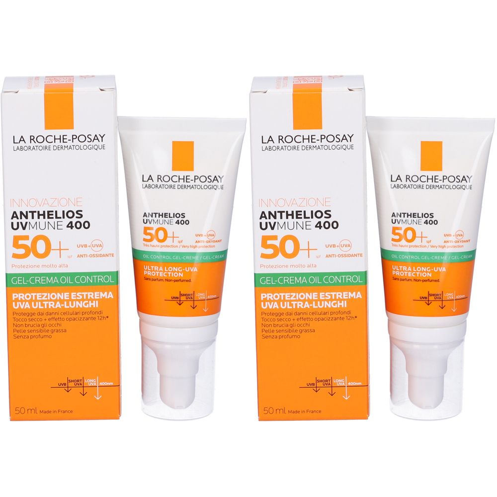 Due set di crema solare La Roche-Posay. Tubi e scatole bianche con dettagli arancioni. Testo: ANTHELIOS UVMUNE 400 50+.