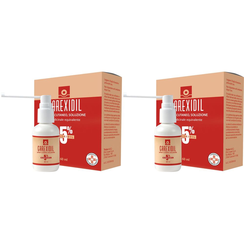 Due flaconi spray e scatole. Sui flaconi è scritto CAREXIDIL 5%. Sulle scatole è scritto CAREXIDIL.