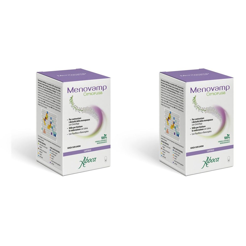 Due scatole rettangolari con la scritta Menovamp Cimifuga e il logo Aboca. Bianche e viola.