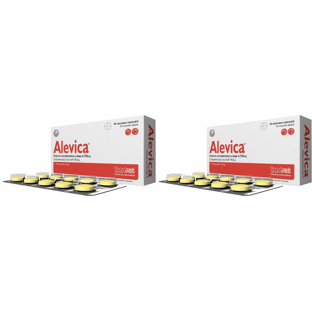 Due confezioni di Alevica con compresse in blister. Scatole bianche con testo rosso e logo.