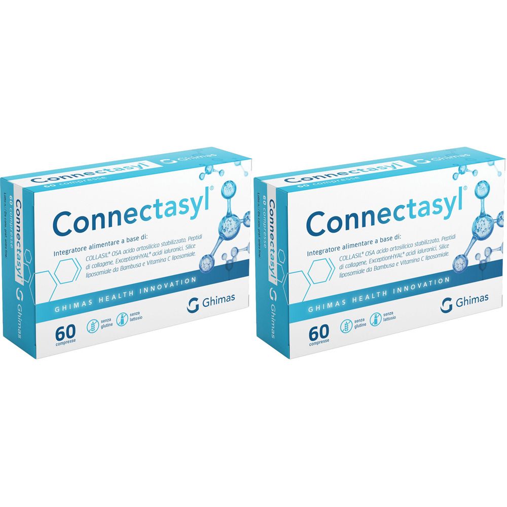 Due confezioni di Connectasyl. Confezione blu e bianca con nome e logo del prodotto. Scritta: 60 compresse.
