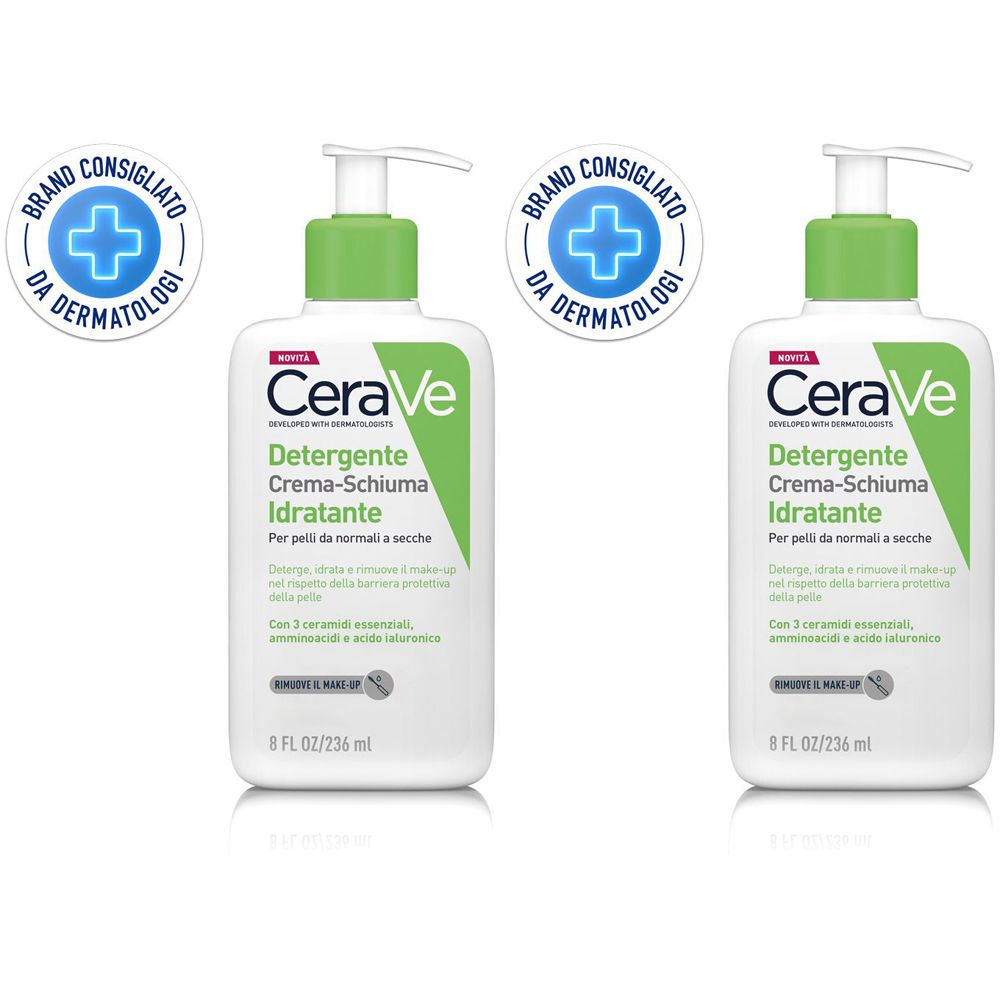 CeraVe Detergente crema-schiuma idratante Deterge ed Idrata. Con 3 ceramidi essenziali, acido ialuronico e tecnologia MVE 236 ml Set da 2