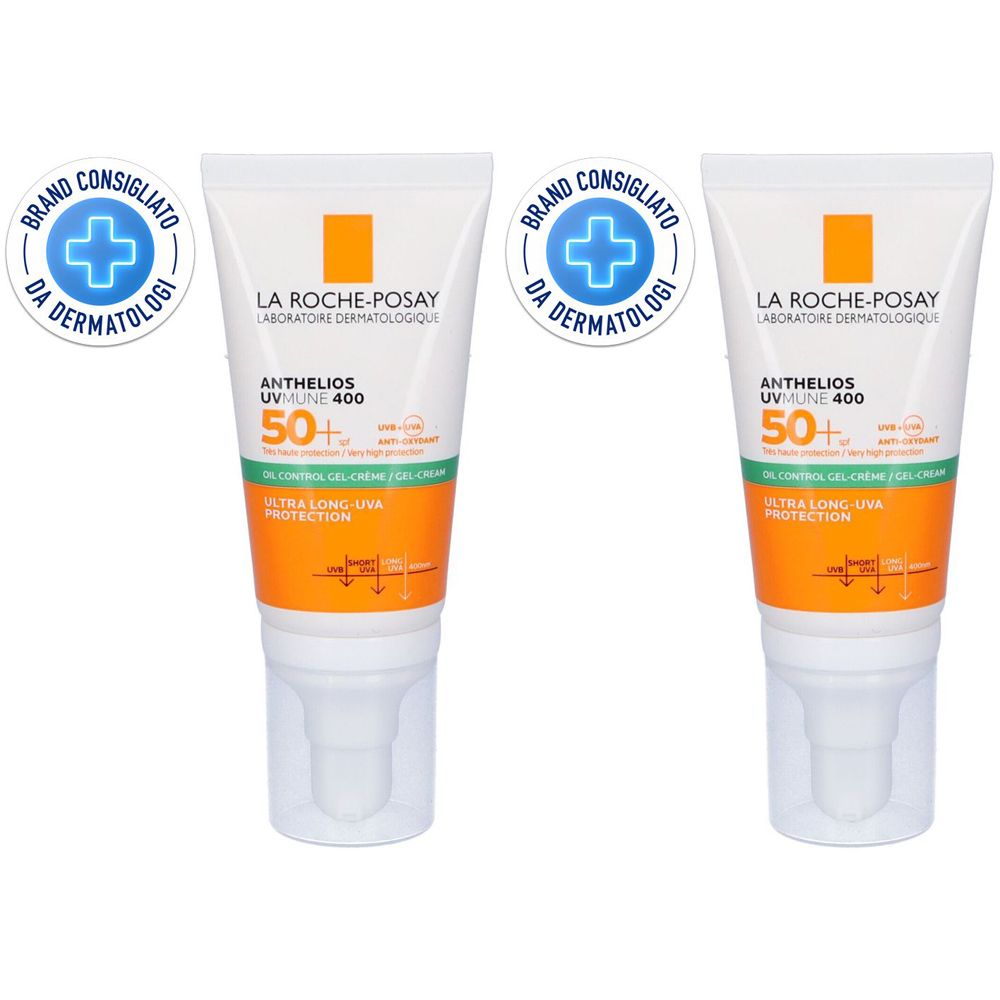 Due tubi di crema solare SPF 50+. Scritta: La Roche-Posay Anthelios. Con sigillo 'Consigliato dai dermatologi'.