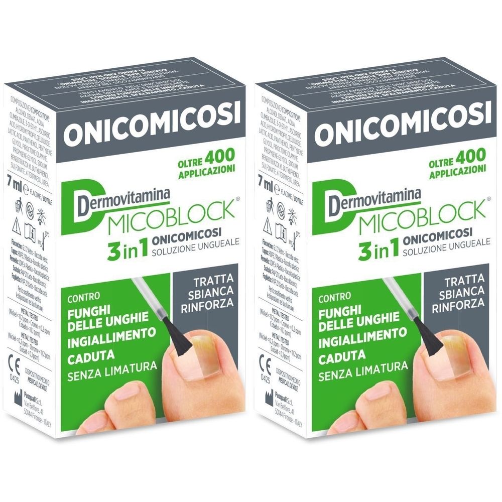 Due confezioni di Dermovitamina MicoBlock. Scritta: ONICOMICOSI, 3 in 1, soluzione ungueale. Contro funghi, ingiallimento, caduta, senza limatura.