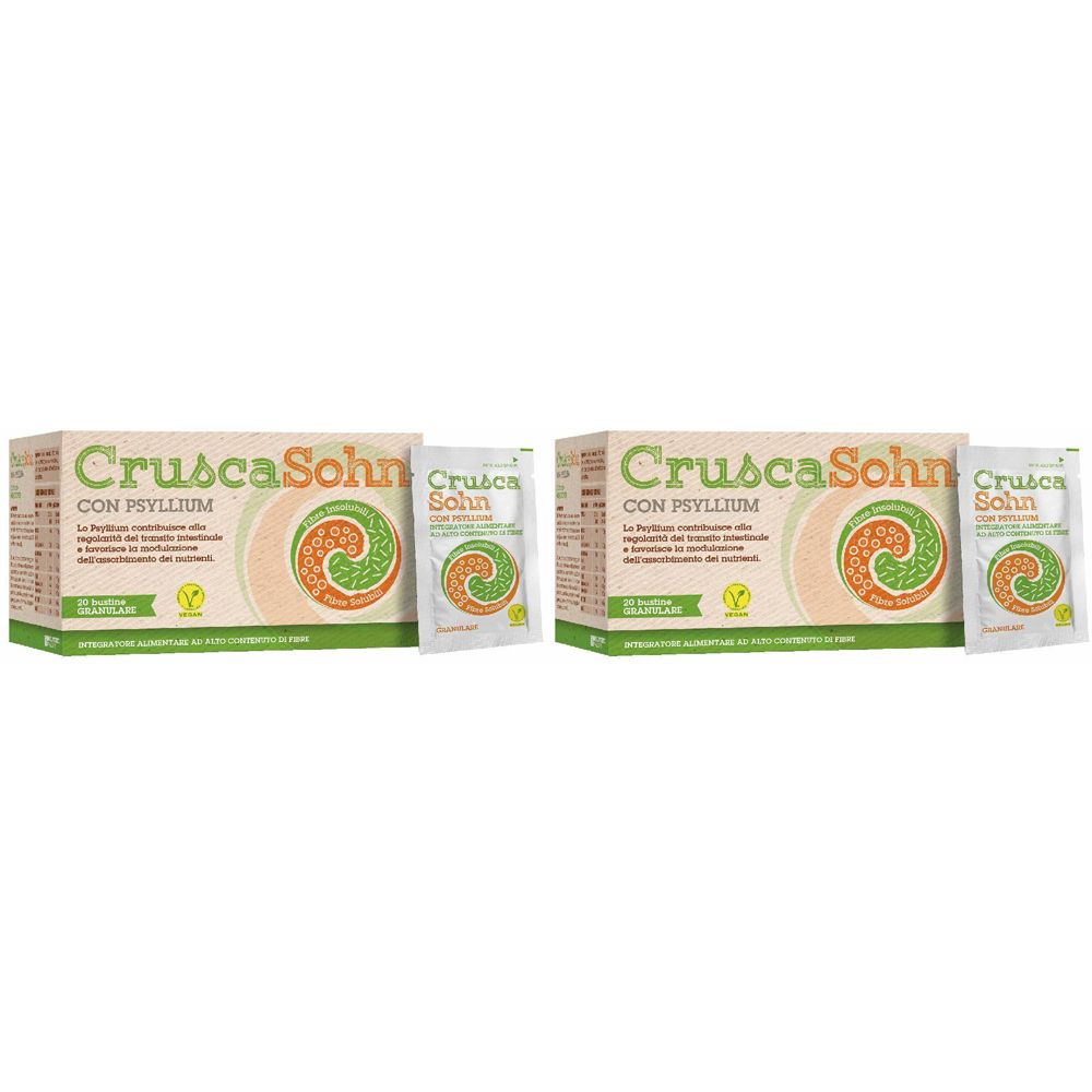 Due scatole e due bustine con la scritta "Crusca Sohn con Psyllium". Design verde e arancione, logo vegano.