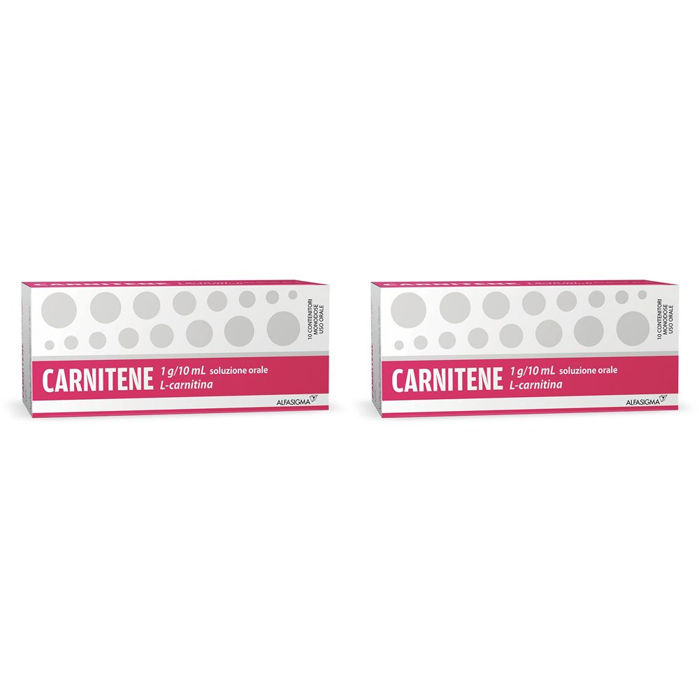 Due confezioni CARNITENE. Confezione rosa e bianca con informazioni sul prodotto.