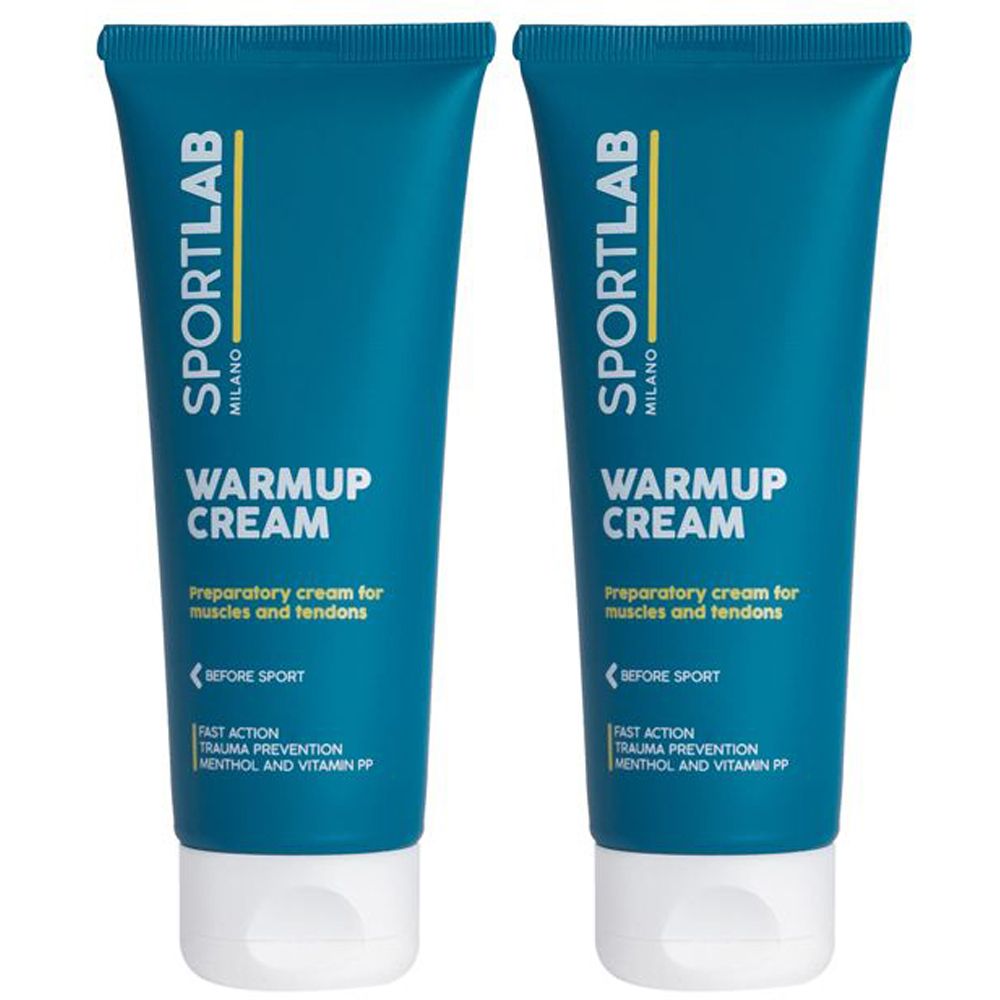 Due tubi blu con tappi bianchi. Scritta: SPORTLAB Milano, WARMUP CREAM. Crema preparatoria per muscoli e tendini.