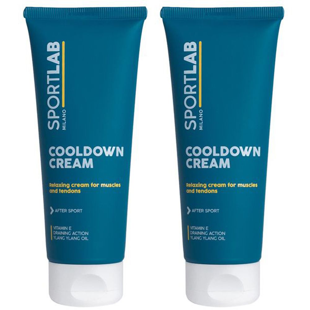 Due tubi di crema SPORTLAB COOLDOWN. Tubi blu con tappo bianco. Scritta: COOLDOWN CREAM, crema rilassante per muscoli e tendini.