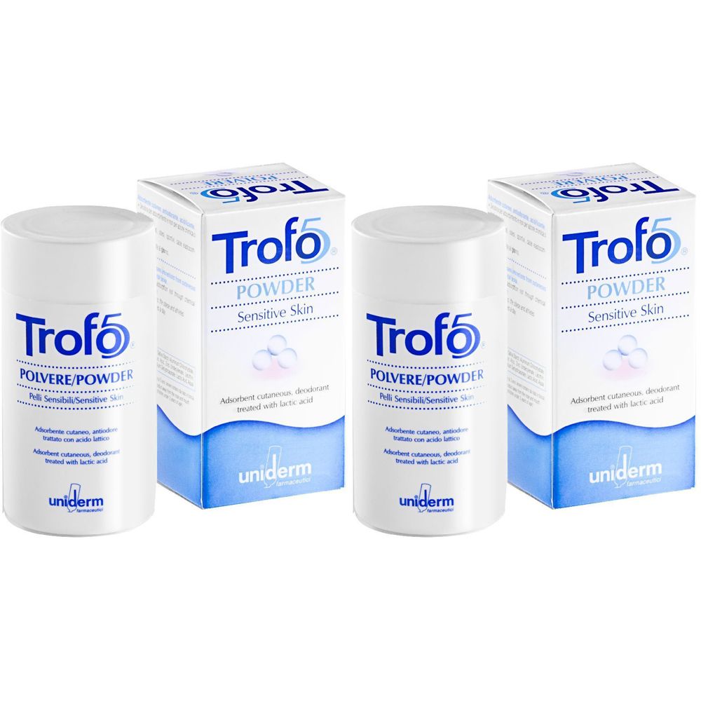 Tre flaconi e scatole bianche con la scritta "Trofo 5 Polvere/Powder". Confezione blu e bianca.