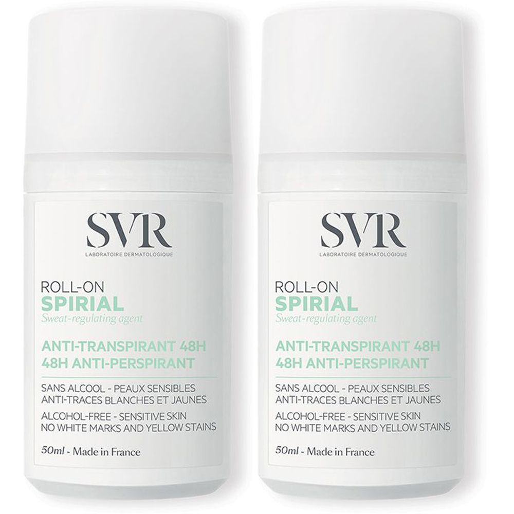 Due deodoranti roll-on. Contenitore bianco, tappo bianco. Scritte SVR, SPIRIAL, Anti-traspirante 48H. Prodotto in Francia.