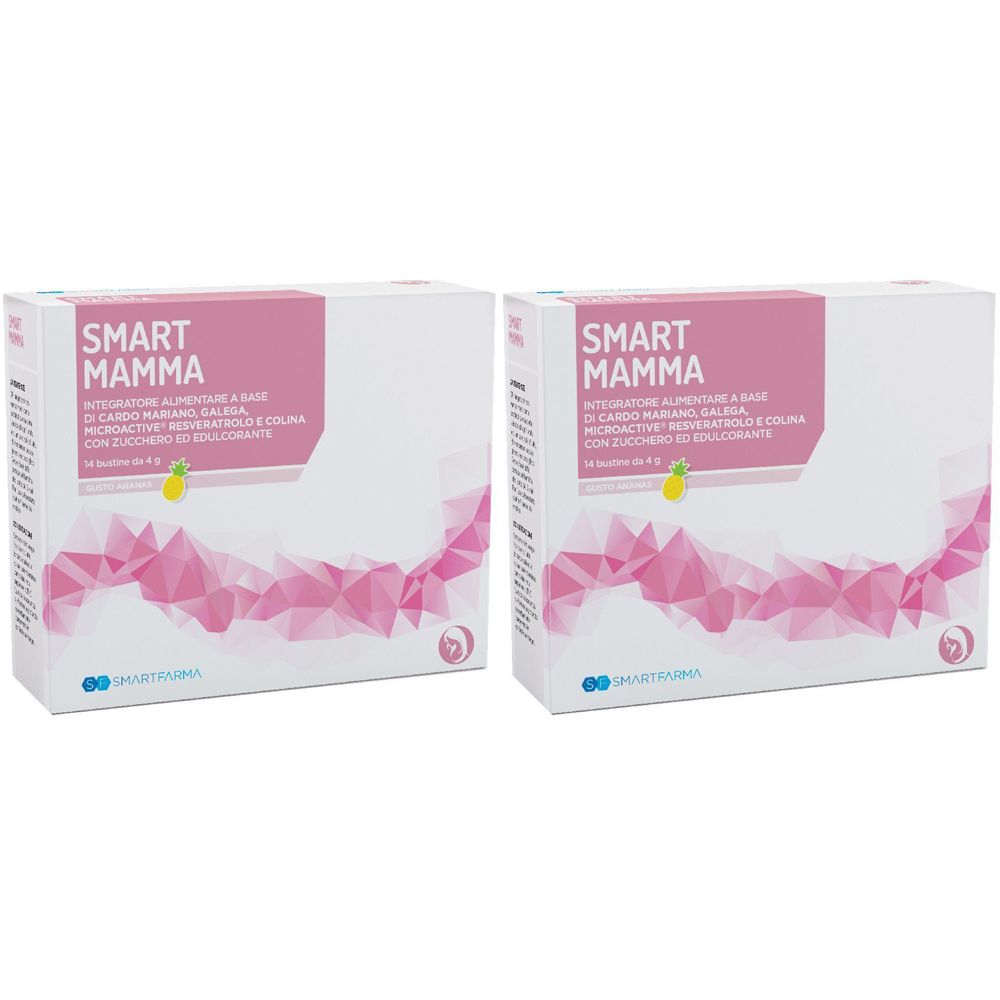 Due scatole SMART MAMMA. Confezione rosa e bianca con informazioni sul prodotto e logo.