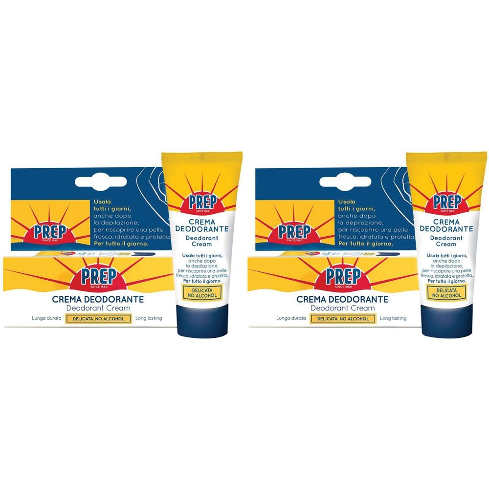 Due tubi e confezioni di PREP Crema Deodorante. Tubi gialli con testo blu. Scatola con logo e testo.
