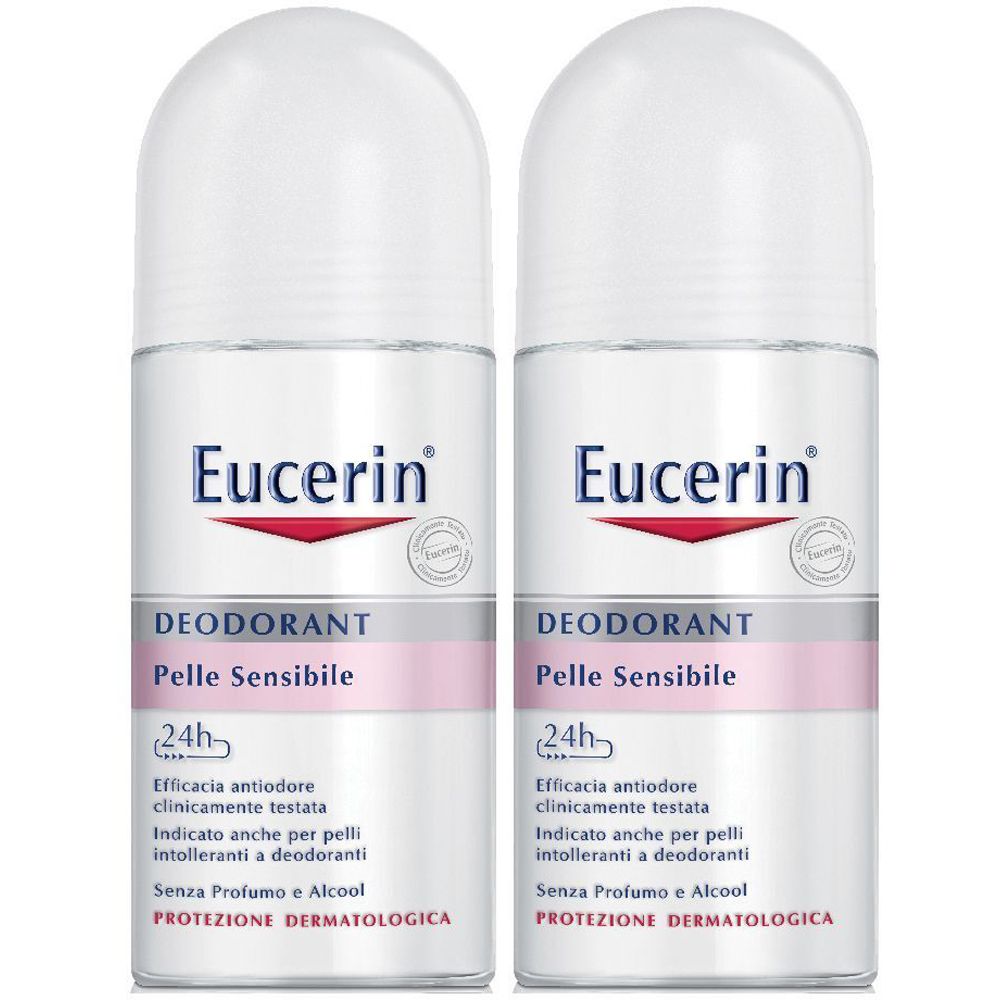 Due roll-on deodoranti Eucerin. Contenitore bianco, dettaglio rosa, testo nero. Scritta: 'DEODORANT Pelle Sensibile'.