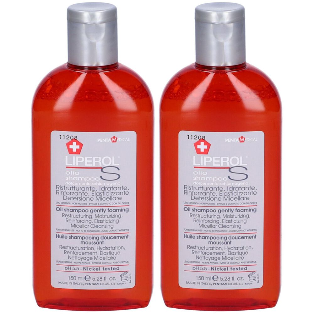 Due flaconi di shampoo all'olio Liperol S. Liquido rosso in bottiglie trasparenti con tappi argentati. Etichetta con informazioni e logo.
