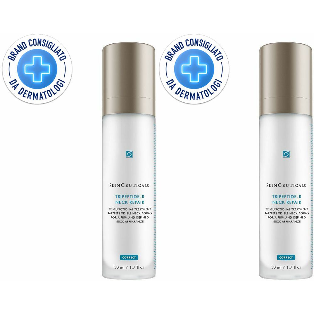 Due flaconi di SkinCeuticals Tripeptide-R Neck Repair. Flaconi bianchi con tappi argentati. Testo: Brand Consigliato da Dermatologi.