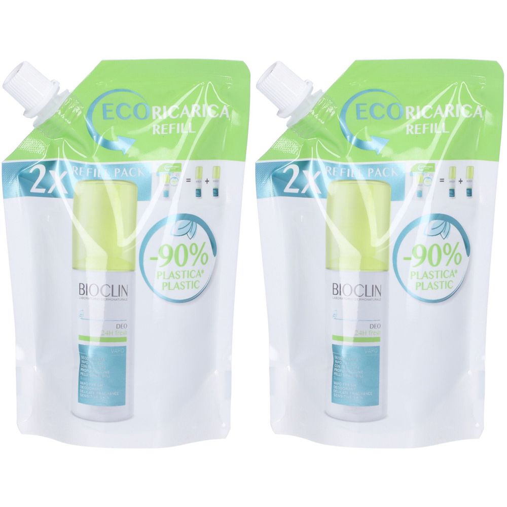 Due ricariche. Scritta: Bioclin, Eco Ricarica, -90% Plastica Plastic.