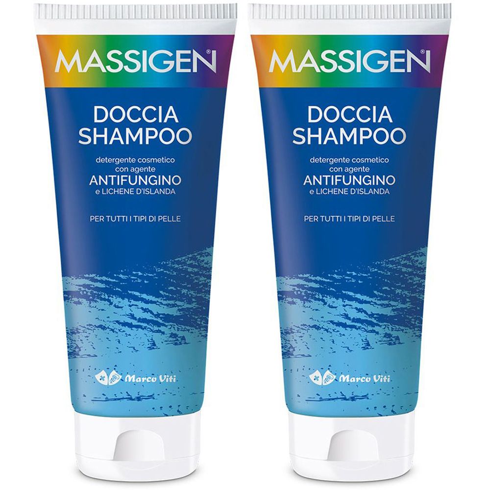 Due tubi di doccia shampoo blu. Scritta: Massigen, Doccia Shampoo, Antifungino. Per tutti i tipi di pelle.
