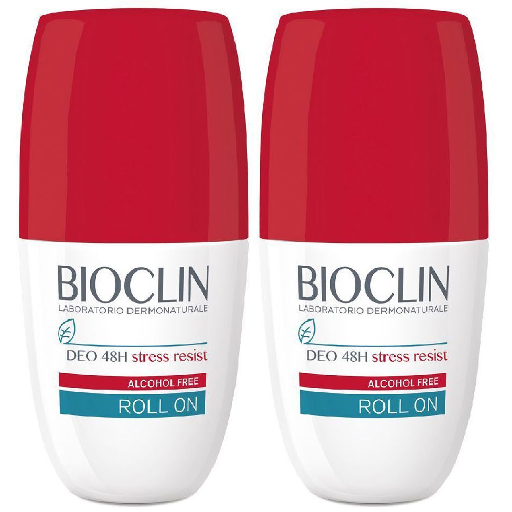 Due deodoranti roll-on. Contenitore bianco con tappo rosso. Scritte: BIOCLIN, Deo 48H stress resist, senza alcool, roll on.