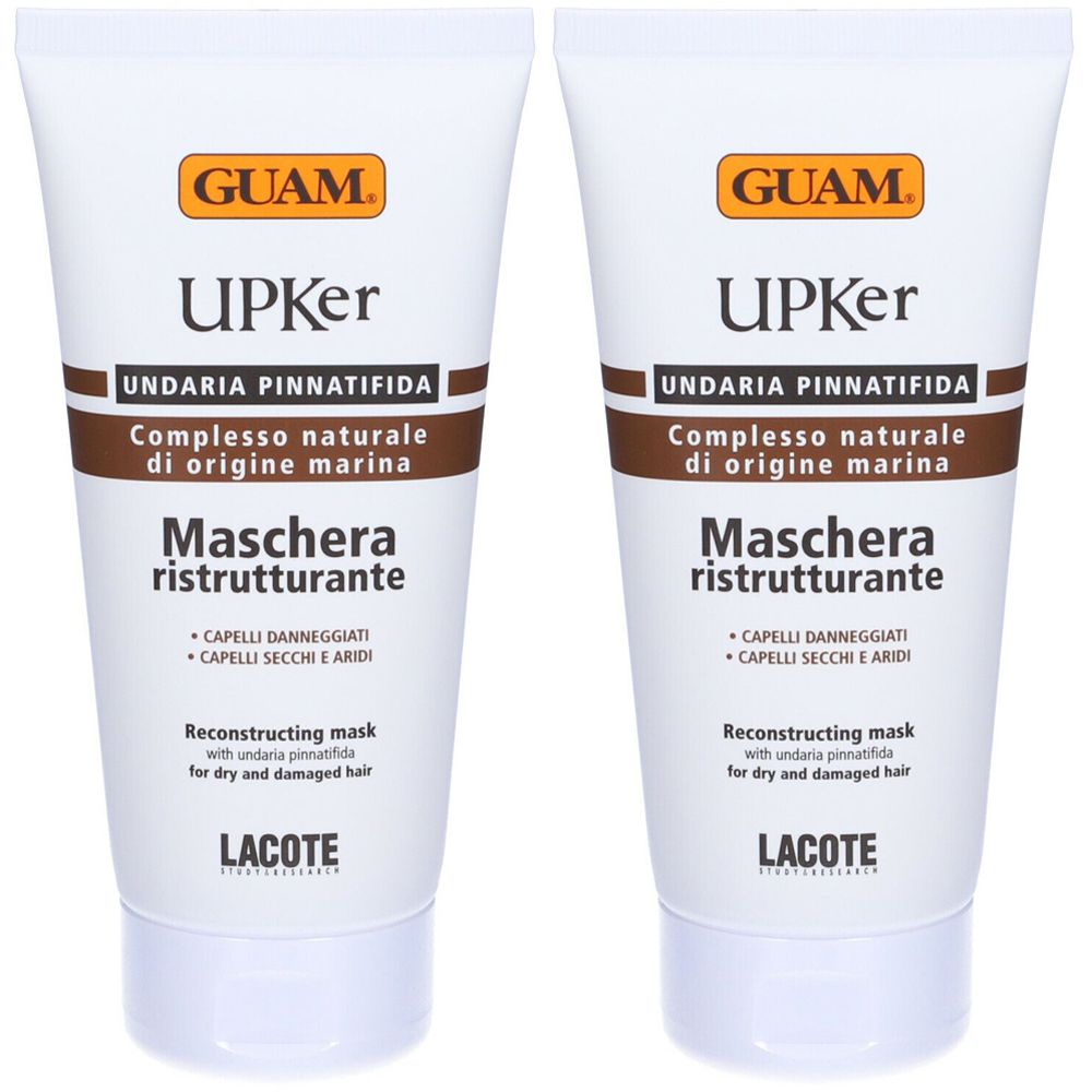 Due tubi di maschera per capelli GUAM Upker. Tubi bianchi con scritte marroni e arancioni. Testo: Maschera ristrutturante, per capelli secchi e danneggiati.