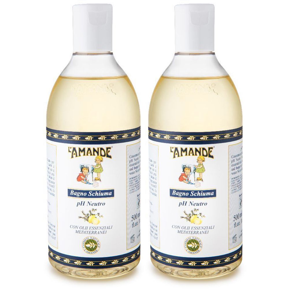 Due flaconi di L'AMANDE Bagno Schiuma pH Neutro. Liquido trasparente, tappo bianco, etichette blu e oro con testo e illustrazioni.