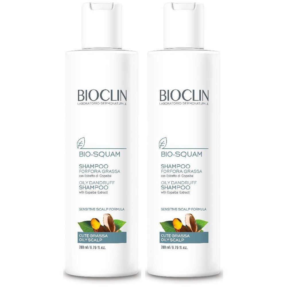 Due flaconi bianchi di shampoo BIOCLIN, BIO-SQUAM, Shampoo Forfora Grassa, Oily Dandruff Shampoo. Grafica blu e marrone.