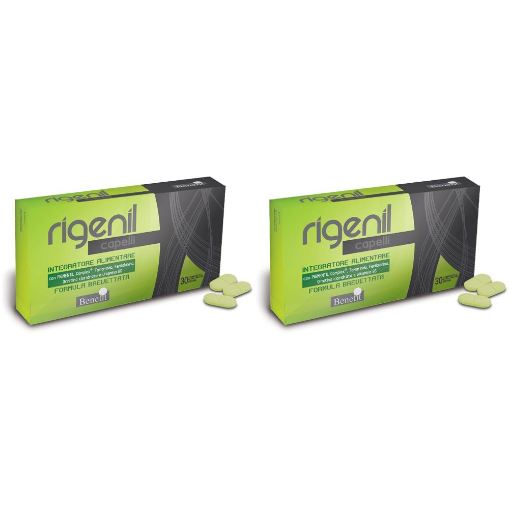 Due scatole verdi con "rigenil capelli". Capsule verdi accanto. Scritto: "Integratore alimentare".
