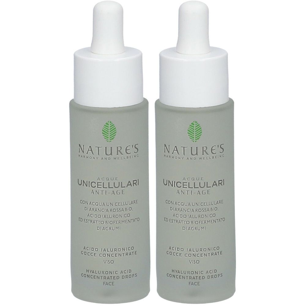 Due flaconi con tappo bianco e contagocce. Scritta: NATURE'S, UNICELLULARI ANTI-AGE, Acido Ialuronico Gocce Concentrate.