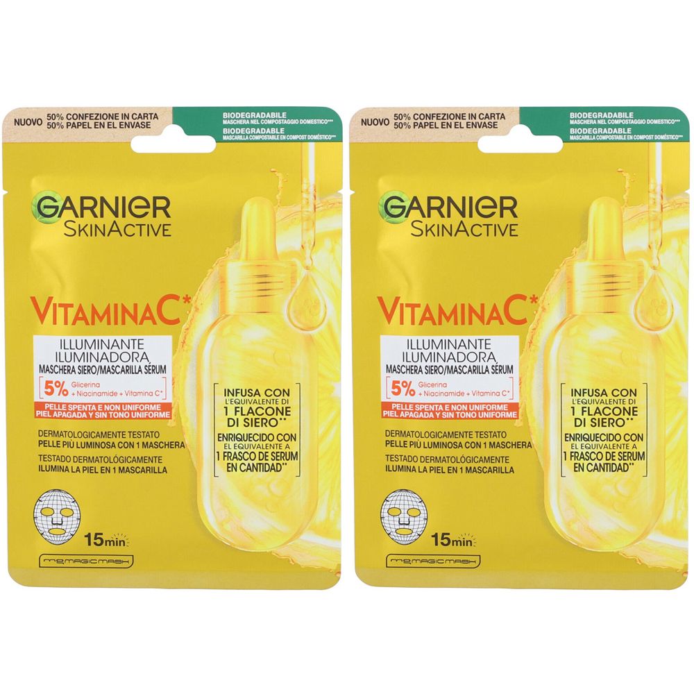Due confezioni di maschere viso Garnier SkinActive Vitamin C. Confezione gialla con informazioni e logo.