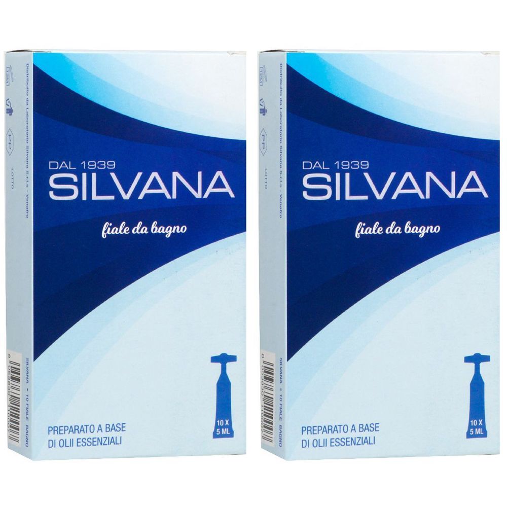 Due confezioni di SILVANA Fiale da Bagno. Scatole blu e bianche con nome e testo del prodotto. Contiene 10 fiale da 5 ml.