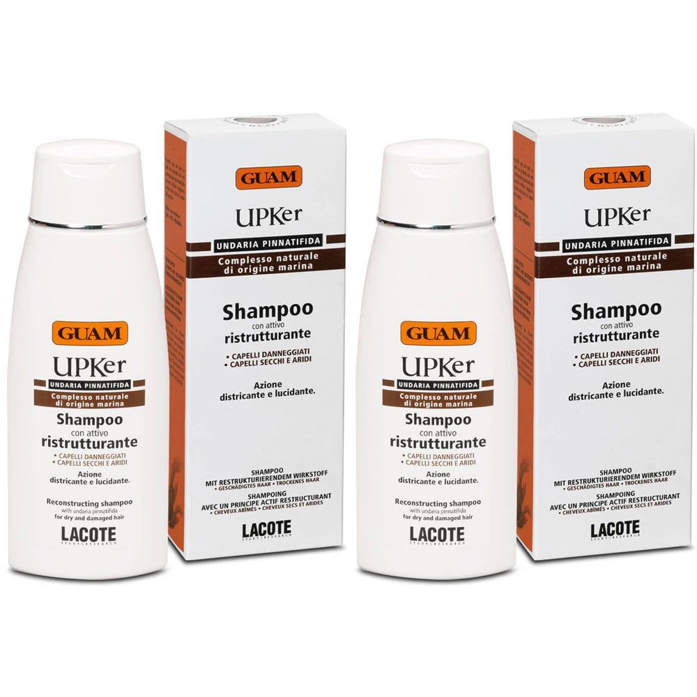 Due flaconi bianchi e due scatole con etichette di shampoo. Scritta: GUAM Upker Shampoo Ristrutturante.