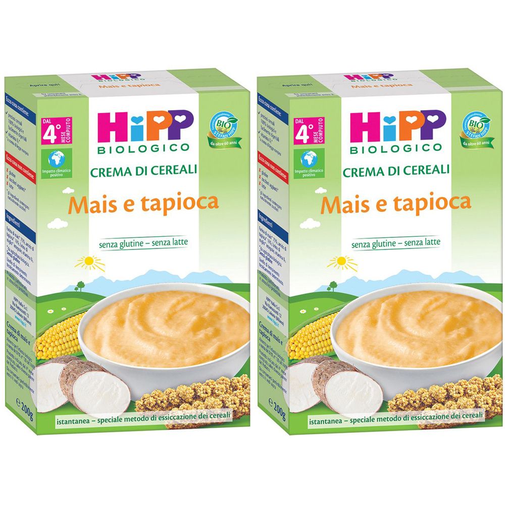 Due scatole "HiPP Biologico Crema di Cereali Mais e tapioca". Scritto "senza glutine-senza latte". Logo bio.