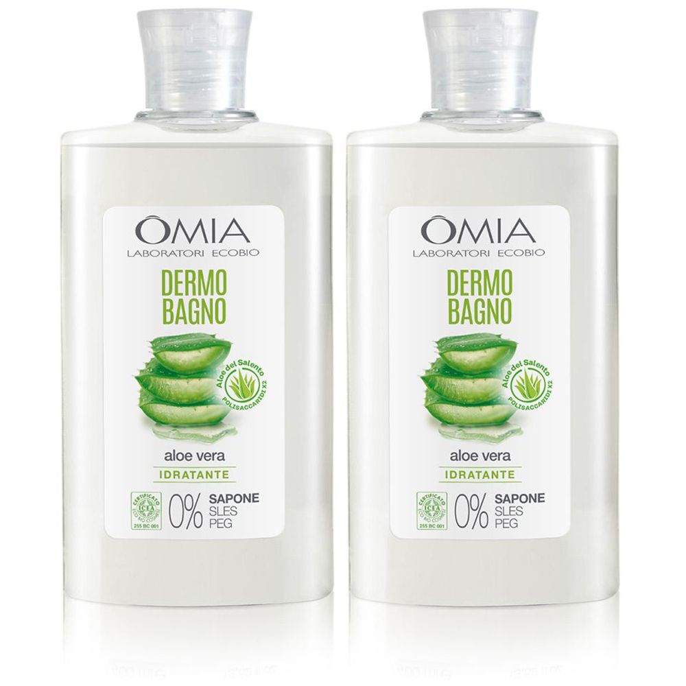 Due flaconi di OMIA Dermo Bagno. Scritta: Dermo Bagno, Aloe Vera, IDRATANTE. Con 0% SLES PEG.
