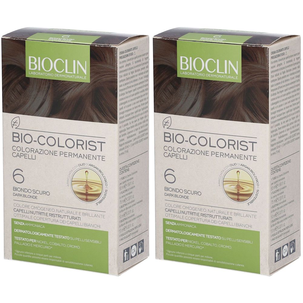 Due confezioni di BIOCLIN Bio-Colorist 6 Biondo Scuro. Scritta: Colorazione Permanente Capelli. Confezione verde-marrone.