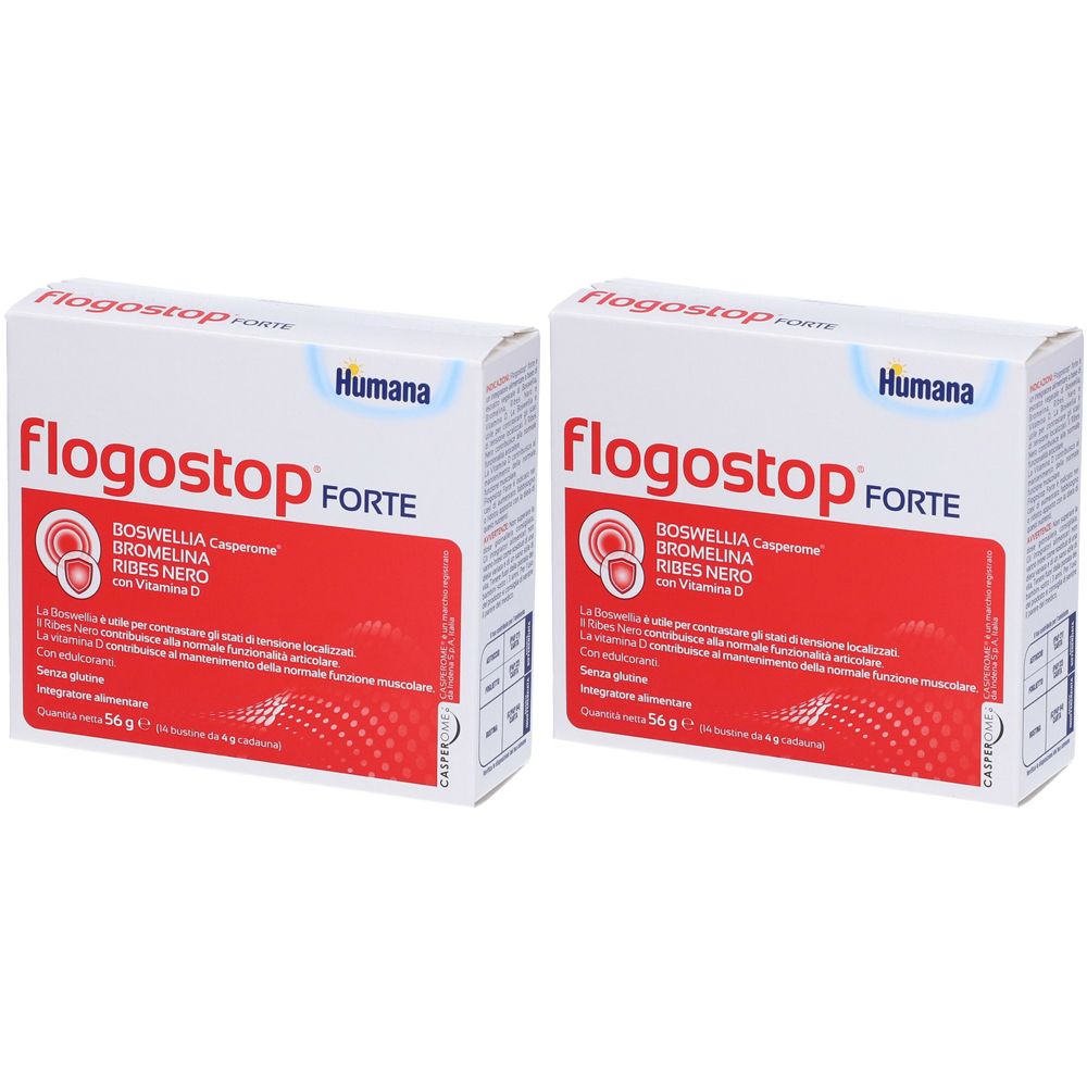 Due scatole bianche con testo rosso e blu. Scritto: Flogostop Forte, Humana. Contiene Boswellia, Bromelina, Ribes Nero e vitamina D.