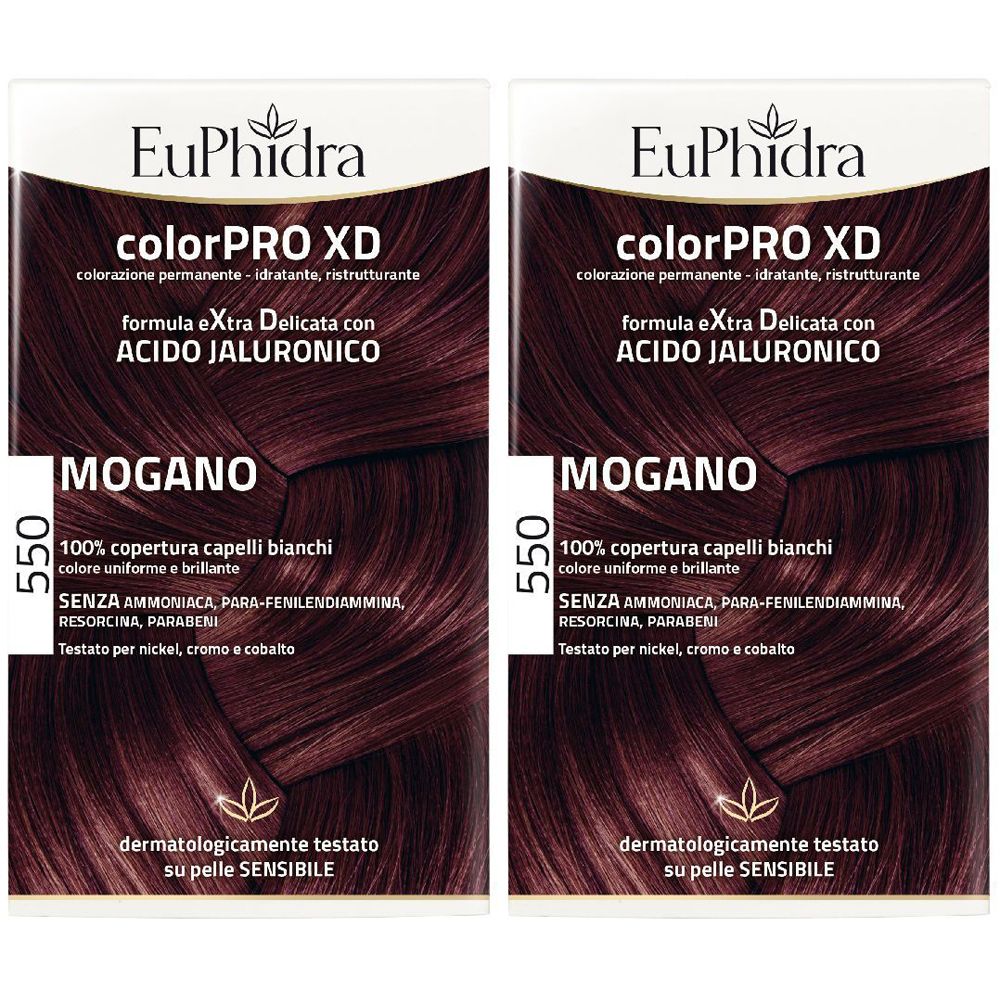 Due confezioni di tinta per capelli. Scritta: EuPhidra colorPRO XD, Mogano 550. Testato dermatologicamente.