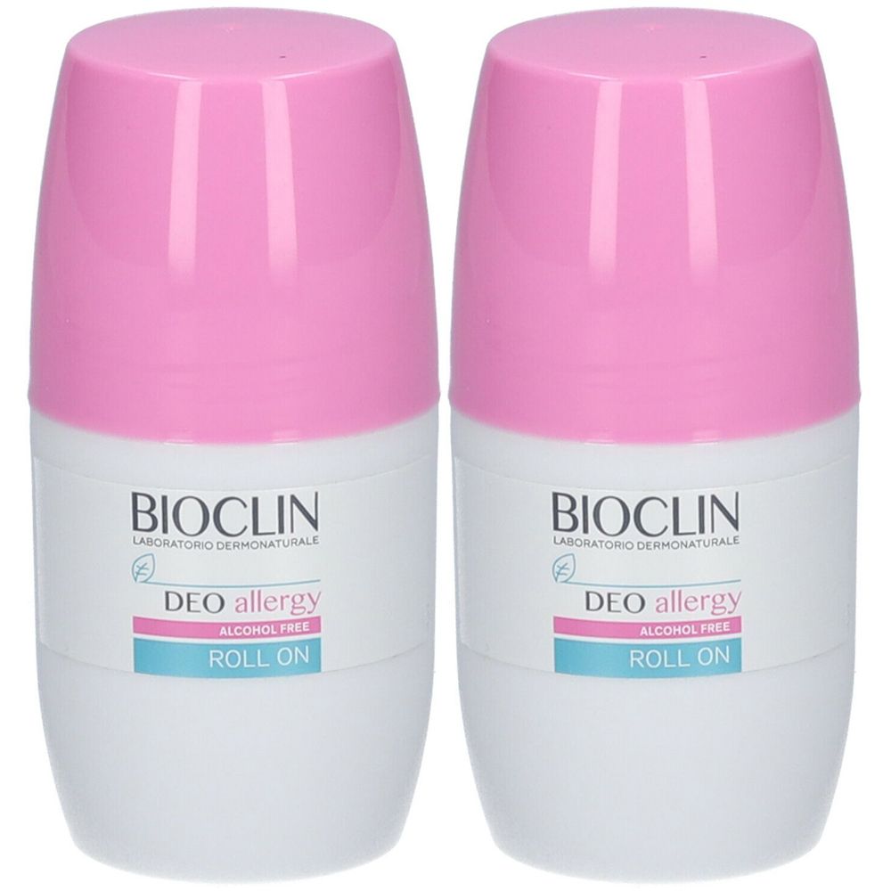 Due deodoranti roll-on con tappo rosa. Scritta: BIOCLIN, Deo allergy, senza alcool, Roll on.