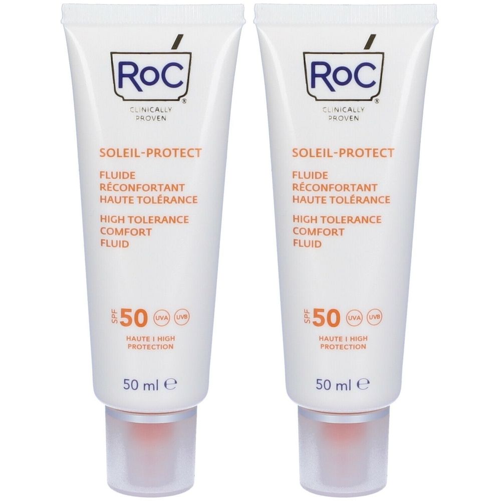 Due tubi di crema solare. Tubi bianchi con testo arancione. Marchio RoC, nome prodotto Soleil-Protect, SPF 50.