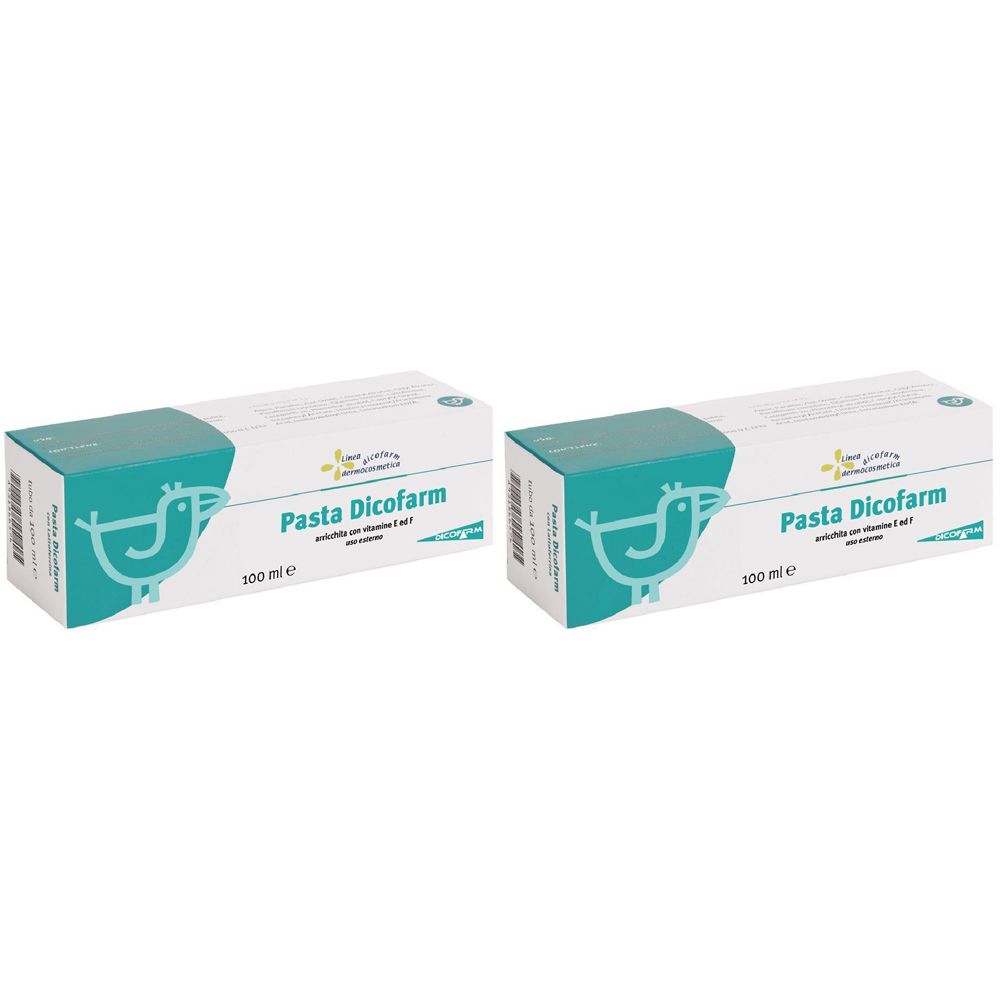 Due scatole rettangolari. Scritta: Pasta Dicofarm, 100 ml. Confezione turchese e bianca con logo uccello.