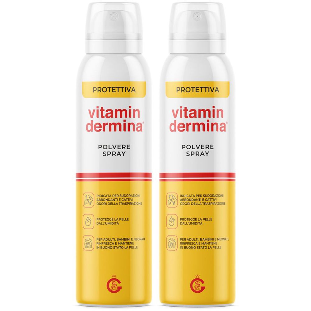 Due spray. Flaconi bianco-gialli con testo rosso e nero. Scritta: Vitamin dermina, Polvere Spray. Scritta gialla: PROTETTIVA.