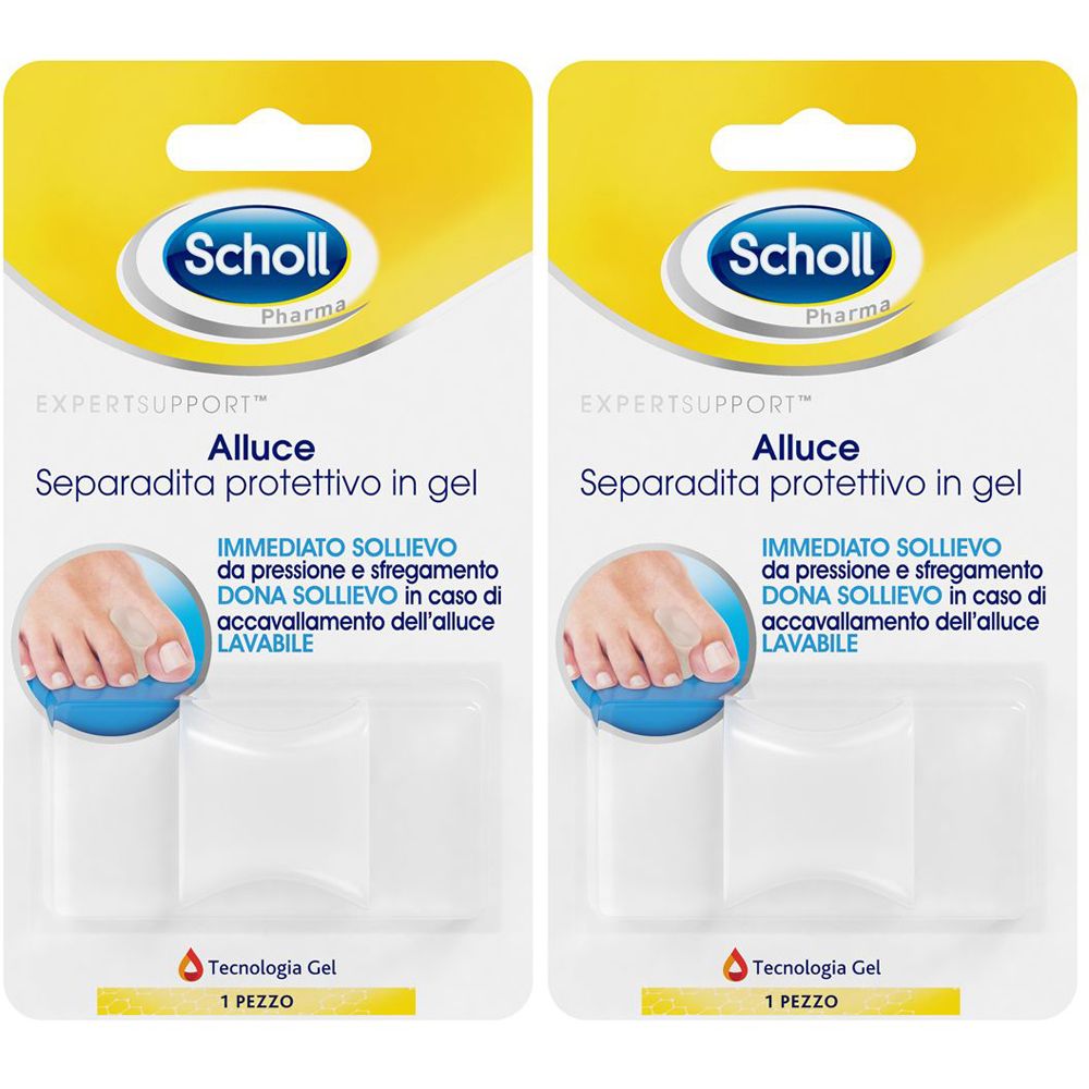Due confezioni Scholl. Su ogni confezione: nome del prodotto, logo, immagine del prodotto e testo. Separatore dita in gel, 1 pezzo.