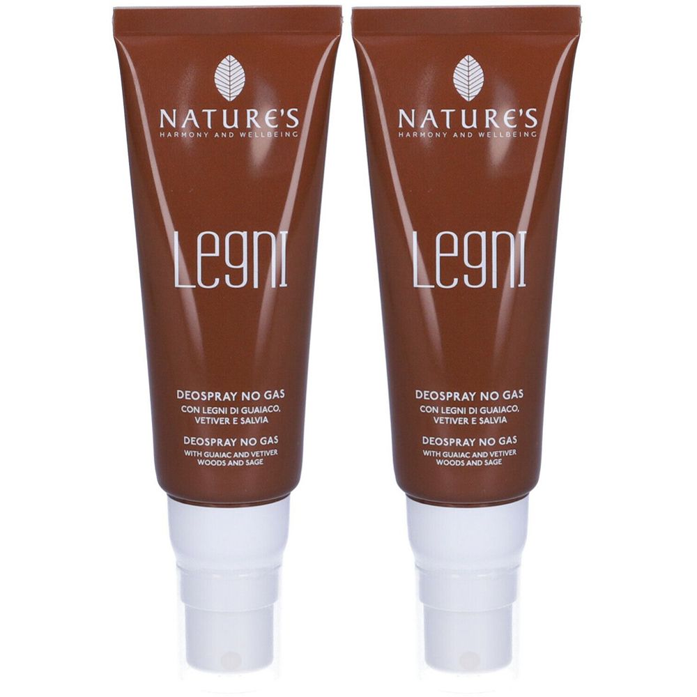 Due tubi marroni con erogatore bianco. Scritta: NATURE'S, Legni, Deospray No Gas.