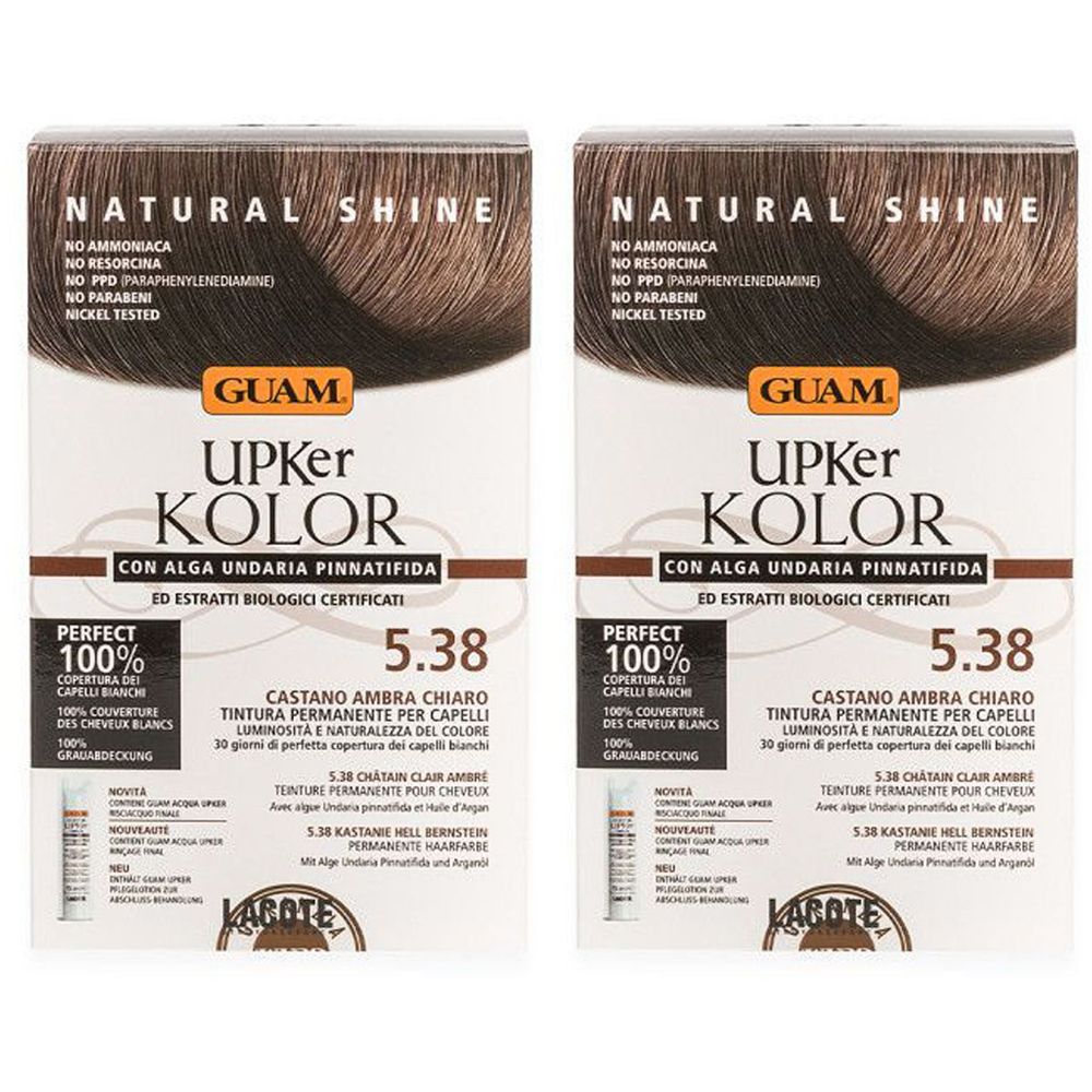 Due scatole di tinta per capelli. Scritta: GUAM Upker Kolor 5.38, Castano Ambra Chiaro. Con certificazioni e testo.