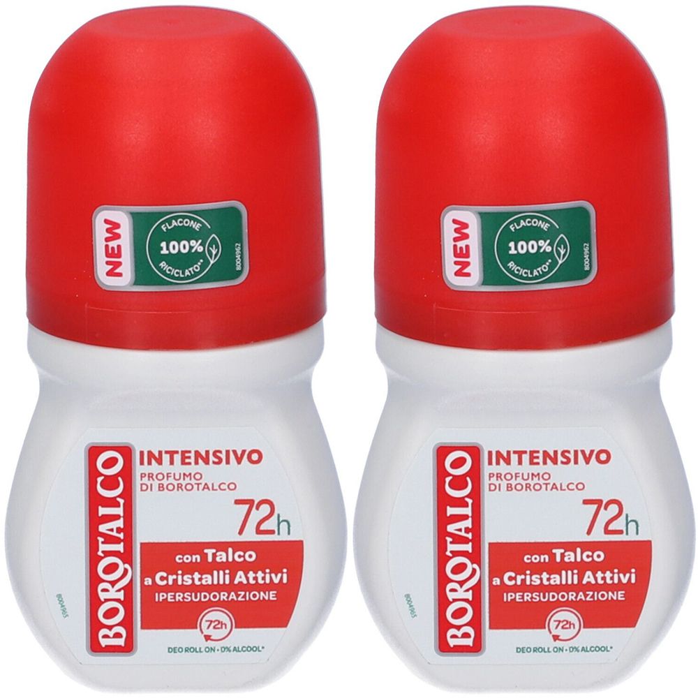 Due roll-on bianchi con tappi rossi. Scritte: BOROTALCO, INTENSIVO, 72h, con Talco & Cristalli Attivi. 100% riciclato.